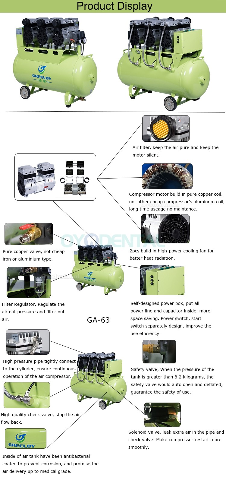 Greeloy GA-63XY 90L Tandheelkundige luchtCompressor zonder olie Geruisloos met droger en stille kast