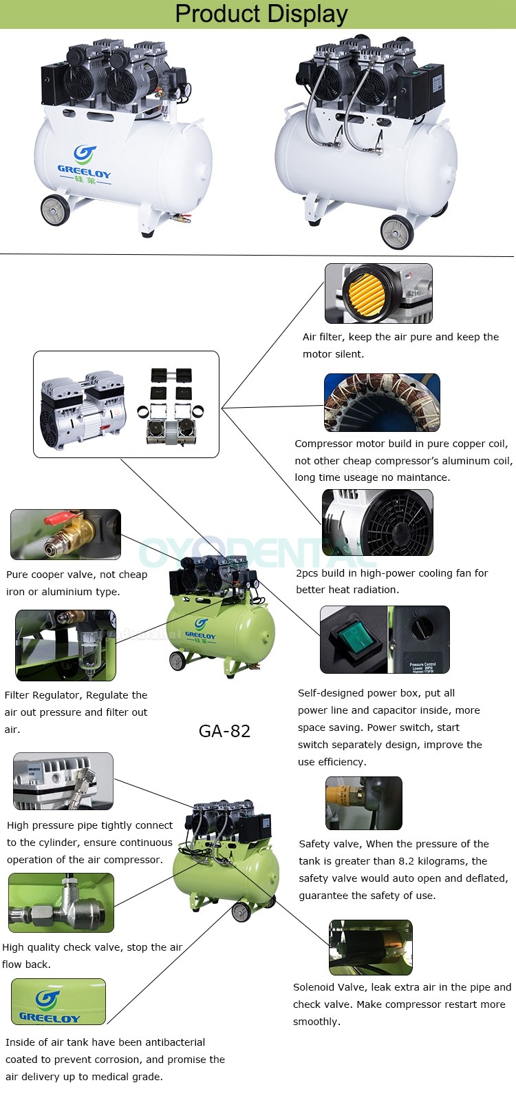 Greeloy® GA-82 Oilless Tandheelkundige luchtCompressor Dubbele motor