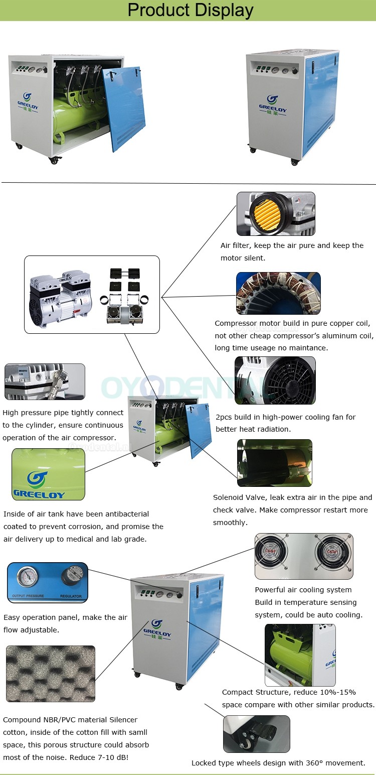 Greeloy® GA-83X Tandheelkundige luchtCompressor Olievrij met Silent Cabinet